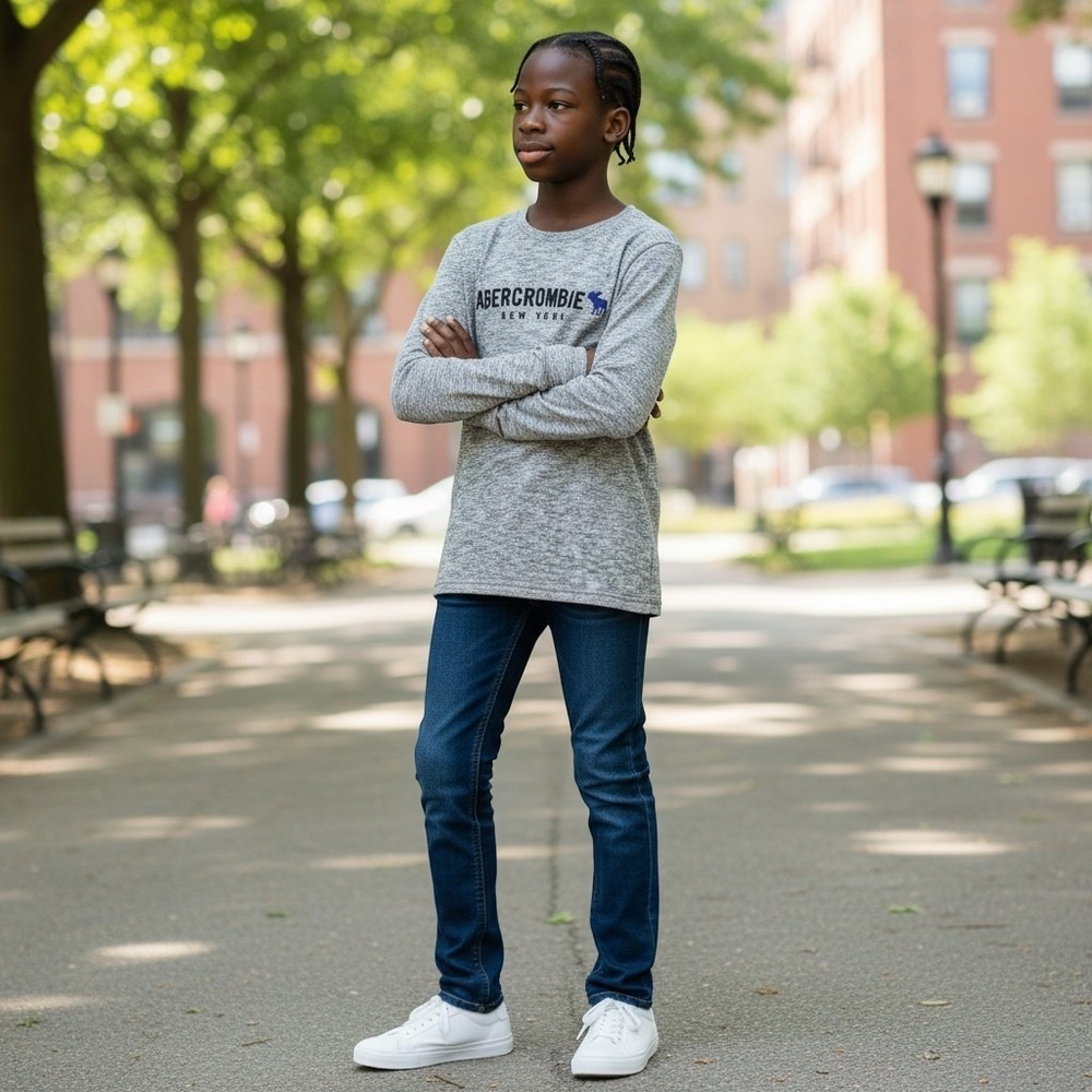 Abercrombie Kids Long Sleeve Tee Shirt Heathered Gray Spellout Moose Logo 13/14